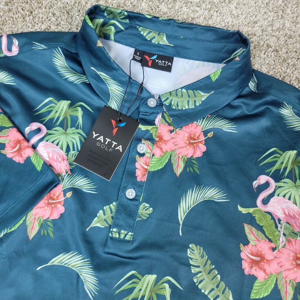 NWT Yatta Golf Mens Large Green AOP Floral Performance Stretch Polo Short Sleeve